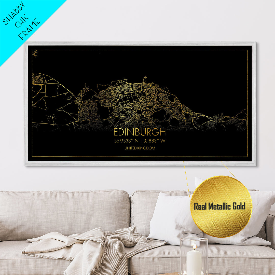 Edinburgh United Kingdom City street map, Metallic Gold Print, Metal Art, wood framed map, black and gold, Street Map Art, Travel Poster, Modern Wall Art