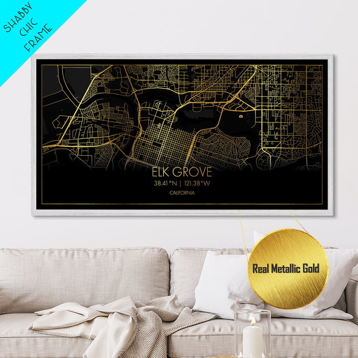 Elk Grove California City Poster, Metallic Gold Art, Metal Art, real wood frames, black and gold, Street Map Wall Art, Office Decor