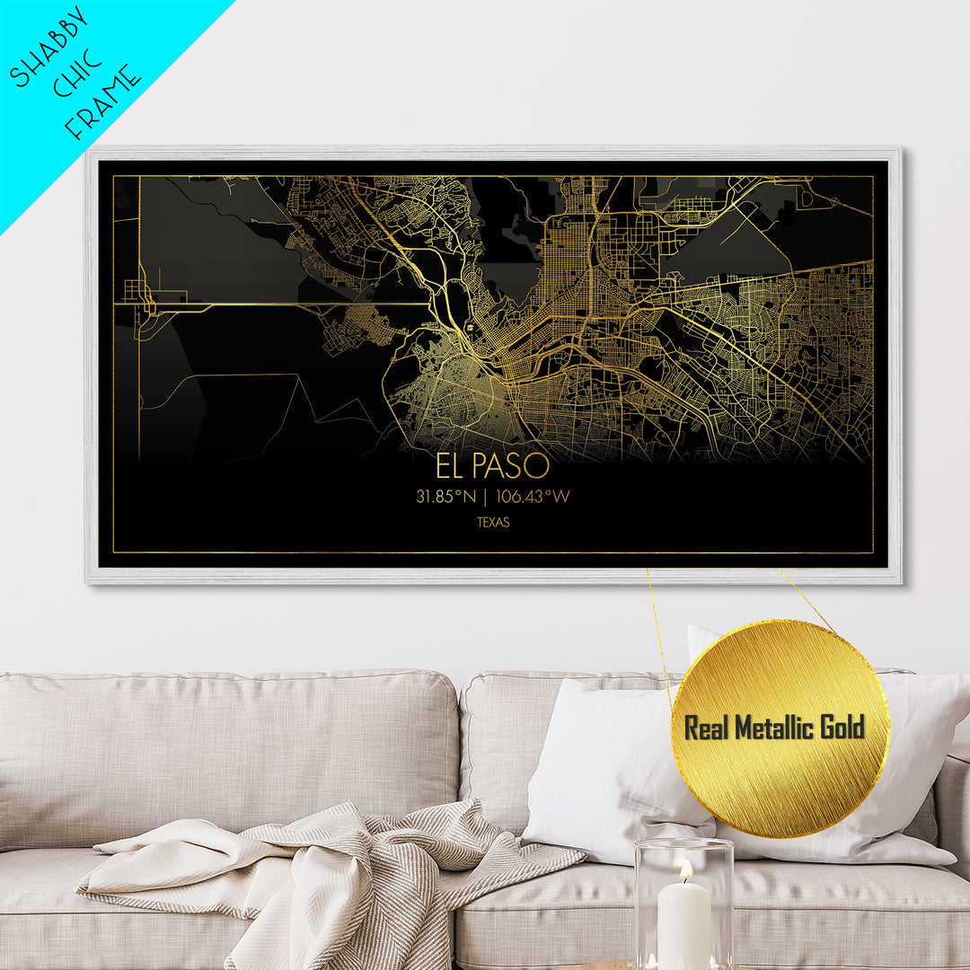 El Paso Texas City street map, Metallic Gold Print, Metal Art, wood framed map, black and gold, Street Map Art, Housewarming Gift