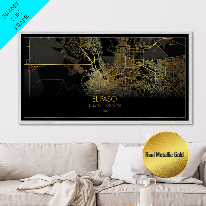 El Paso Texas City street map, Metallic Gold Print, Metal Art, wood framed map, black and gold, Street Map Art, Housewarming Gift