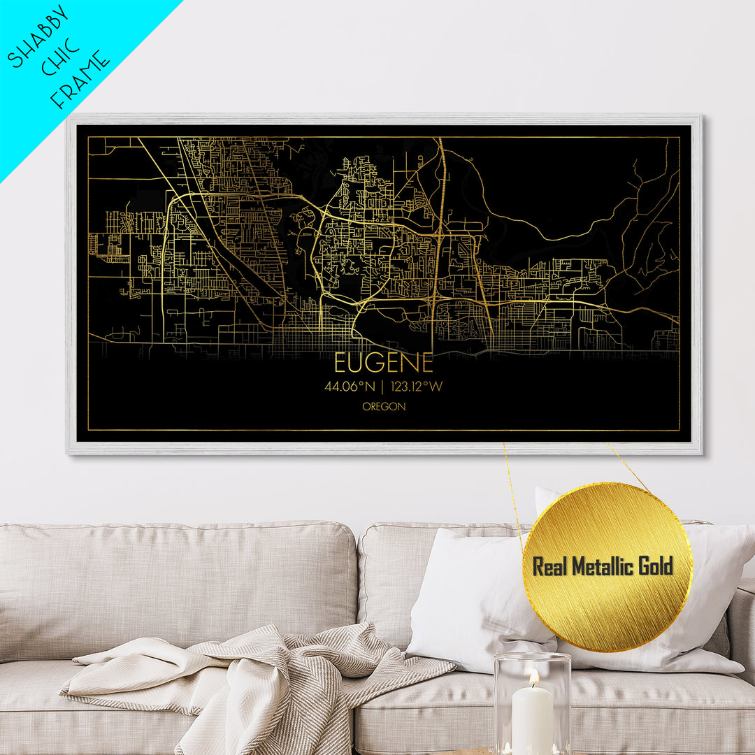 Eugene Oregon City Poster, Metallic Gold Art, Metal Art, real wood frames, black and gold, Travel Poster, Street Map Wall Art, Real Wood Frames