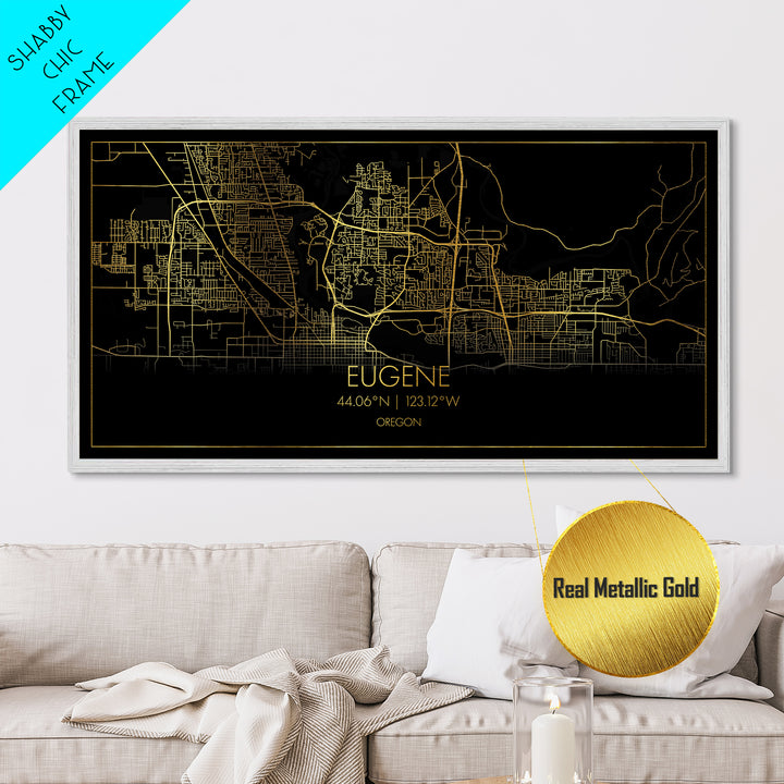 Eugene Oregon City Poster, Metallic Gold Art, Metal Art, real wood frames, black and gold, Travel Poster, Street Map Wall Art, Real Wood Frames