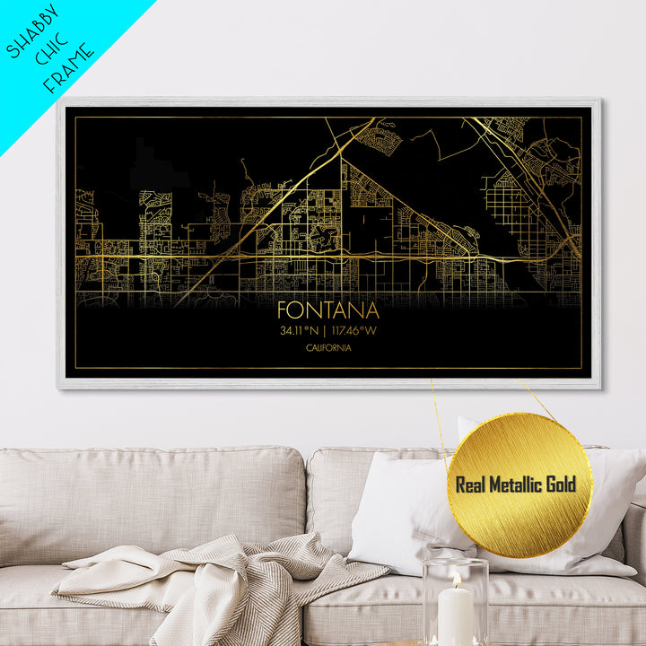 Fontana California City Poster, Metallic Gold Art, Metal Art, real wood frames, black and gold, Street Map Wall Art, Gold Street Map Art
