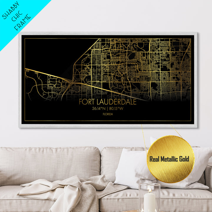 Fort Lauderdale Florida City street map, Metallic Gold Print, Metal Art, wood framed map, black and gold, Street Map Art, Housewarming Gift