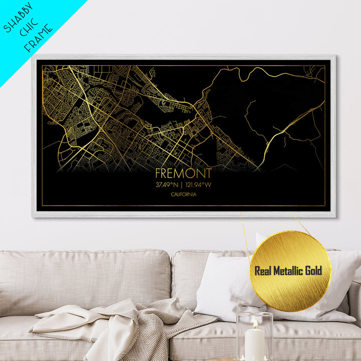 Fremont California City Poster, Metallic Gold Art, Metal Art, real wood frames, black and gold, Street Map Wall Art, Best Friend Gifts