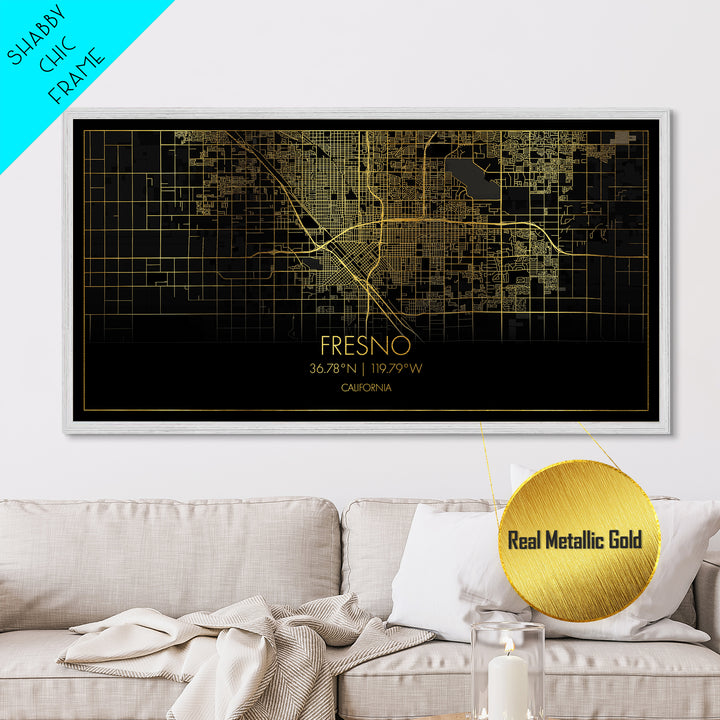 Fresno California City street map, Metallic Gold Print, Metal Art, wood framed map, black and gold, Street Map Art, Map Print Poster