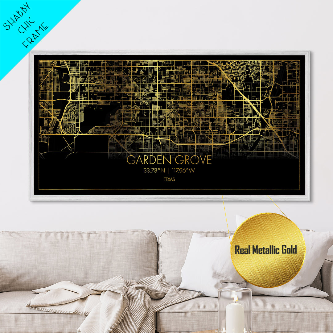 Garden Grove California City street map, Metallic Gold Print, Metal Art, wood framed map, black and gold, Street Map Art, Gold Street Map Art