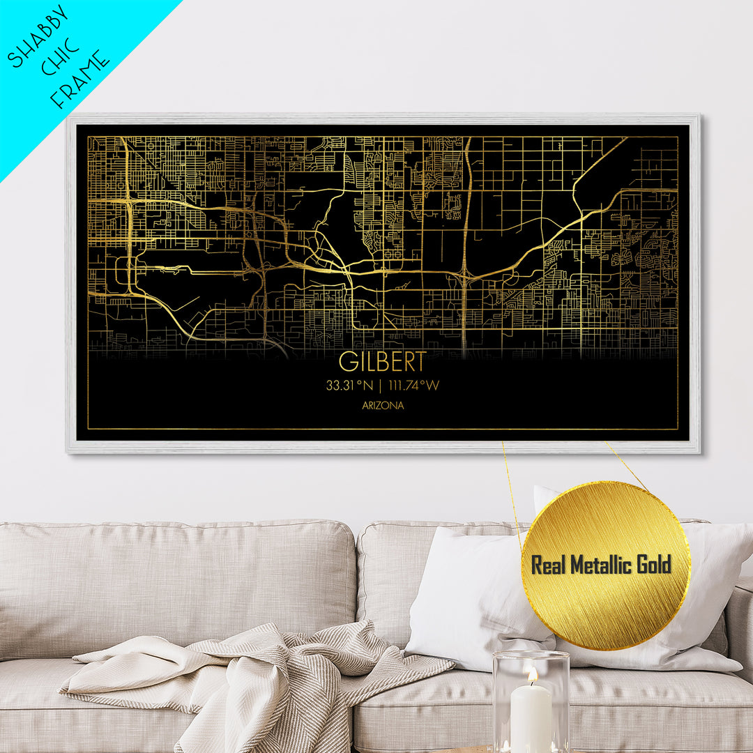 Gilbert Arizona City street map, Metallic Gold Print, Metal Art, wood framed map, black and gold, Street Map Art, Housewarming Gift, Map Art