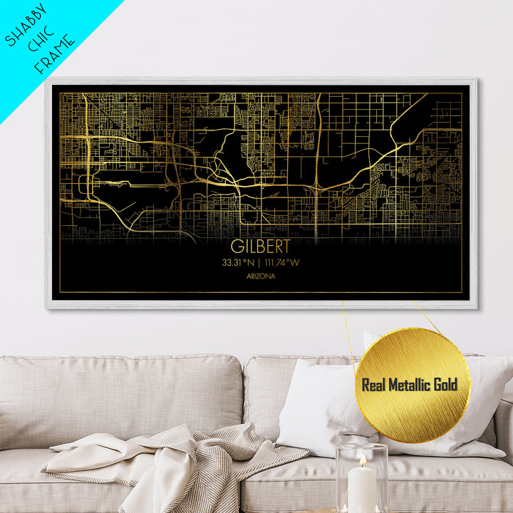 Gilbert Arizona City street map, Metallic Gold Print, Metal Art, wood framed map, black and gold, Street Map Art, Housewarming Gift, Map Art