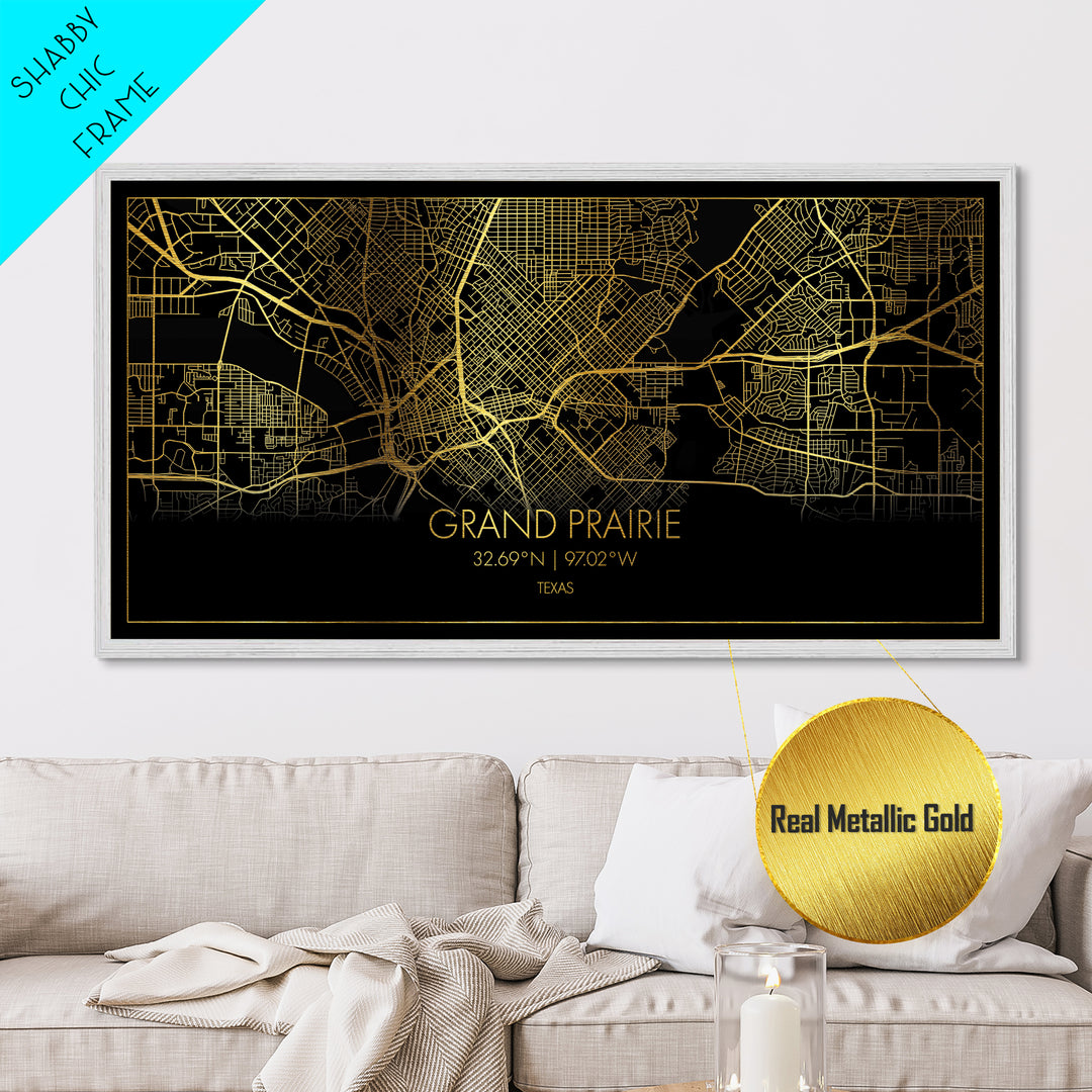 Grand Prairie Texas City Poster, Metallic Gold Art, Metal Art, real wood frames, black and gold, Street Map Wall Art, Map Art