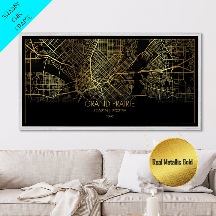 Grand Prairie Texas City Poster, Metallic Gold Art, Metal Art, real wood frames, black and gold, Street Map Wall Art, Map Art