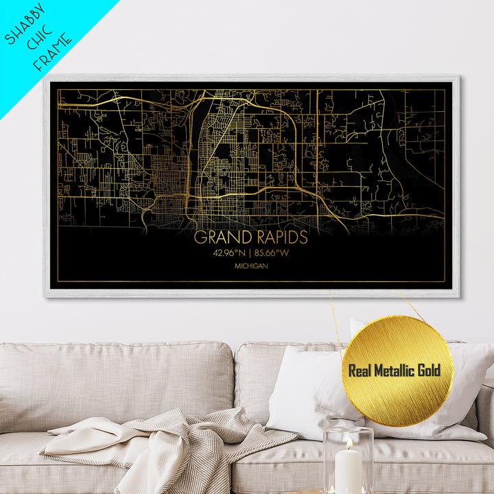 Grand Rapids Michigan City street map, Metallic Gold Print, Metal Art, wood framed map, black and gold, Street Map Art, Housewarming Gift