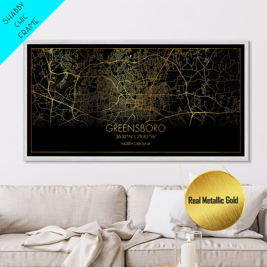 Greensboro North Carolina City Poster, Metallic Gold Art, Metal Art, real wood frames, black and gold, Street Map Wall Art, Office Decor