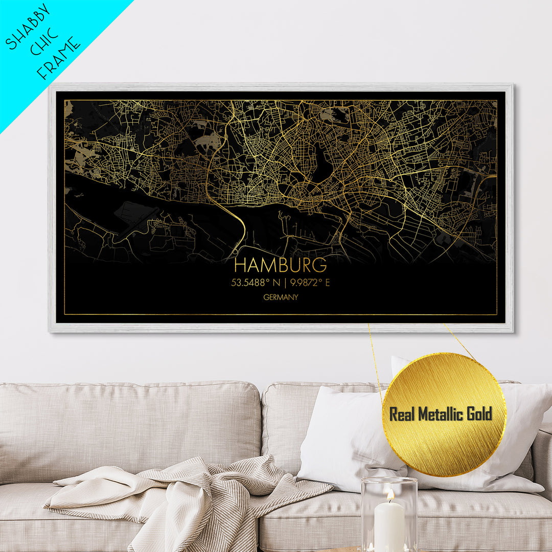 Hamburg Germany City street map, Metallic Gold Print, Metal Art, wood framed map, black and gold, Street Map Art, Travel Poster
