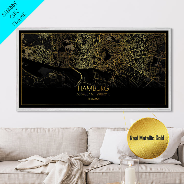 Hamburg Germany City street map, Metallic Gold Print, Metal Art, wood framed map, black and gold, Street Map Art, Travel Poster