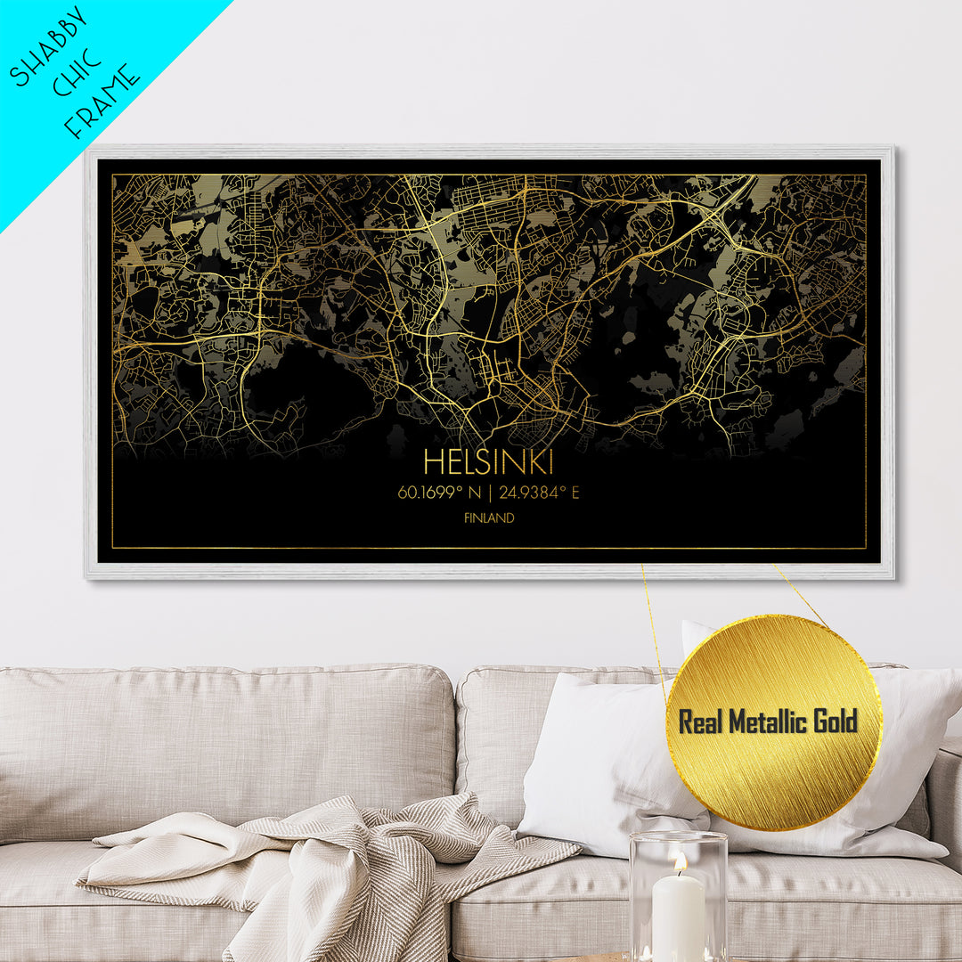 Helsinki Finland City Poster, Metallic Gold Art, Metal Art, real wood frames, black and gold, Street Map Wall Art, Map Art