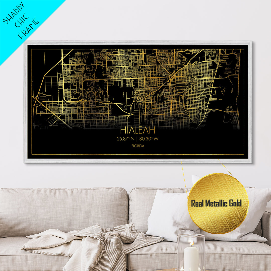Hialeah Florida City Poster, Metallic Gold Art, Metal Art, real wood frames, black and gold, Street Map Wall Art, Map Print Poster