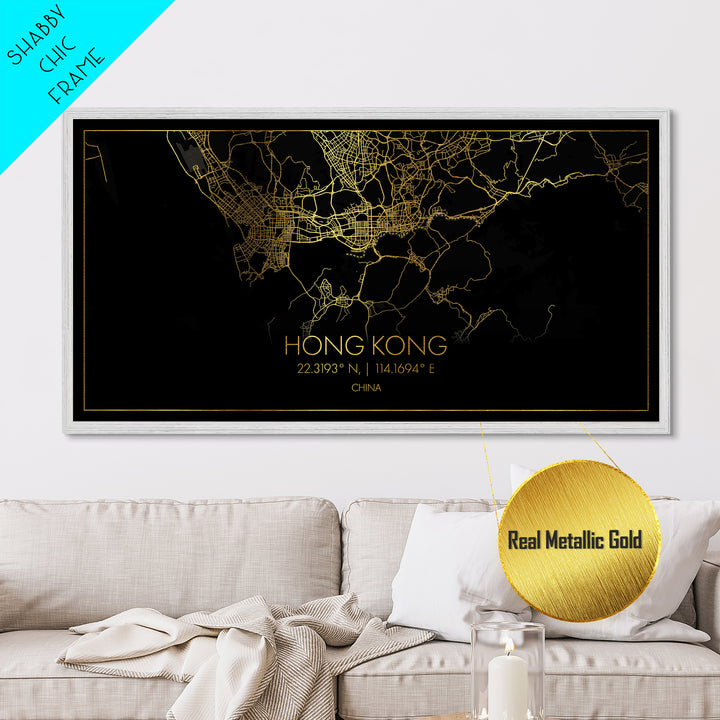 Hong Kong China City street map, Metallic Gold Print, Metal Art, wood framed map, black and gold, Street Map Art, College Dorm Décor