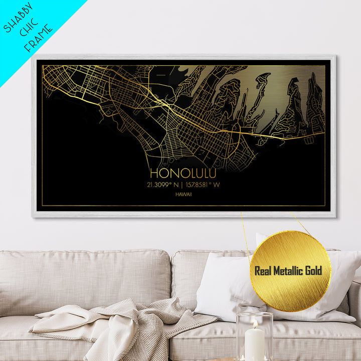 Honolulu Hawaii City Poster, Metallic Gold Art, Metal Art, real wood frames, black and gold, Street Map Wall Art, Best Friend Gifts