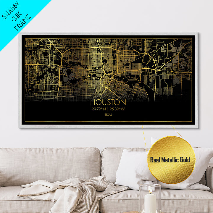 Houston Texas City street map, Metallic Gold Print, Metal Art, wood framed map, black and gold, Street Map Art, Travel Poster, Modern House Art