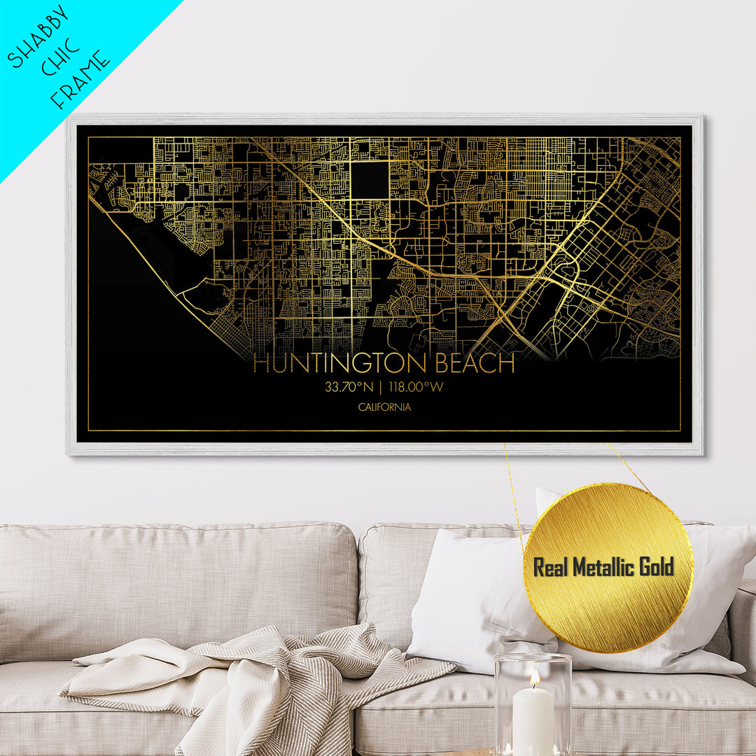 Huntington Beach California City Poster, Metallic Gold Art, Metal Art, real wood frames, black and gold, Street Map Wall Art, Office Decor