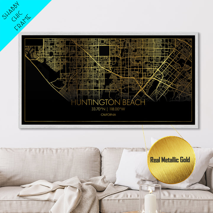 Huntington Beach California City Poster, Metallic Gold Art, Metal Art, real wood frames, black and gold, Street Map Wall Art, Office Decor