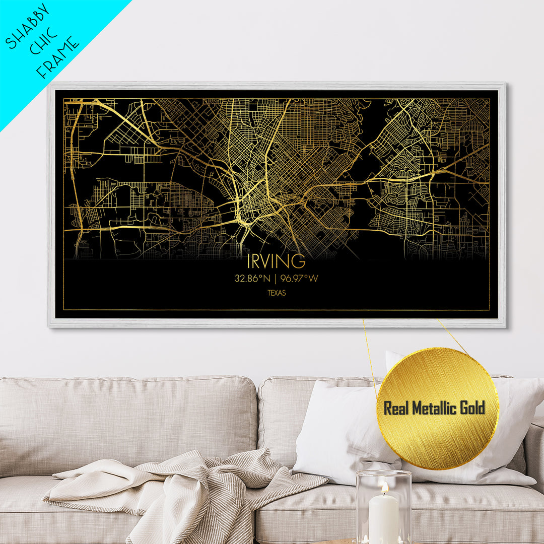 Irving Texas City Poster, Metallic Gold Art, Metal Art, real wood frames, black and gold, Street Map Wall Art, College Dorm Décor