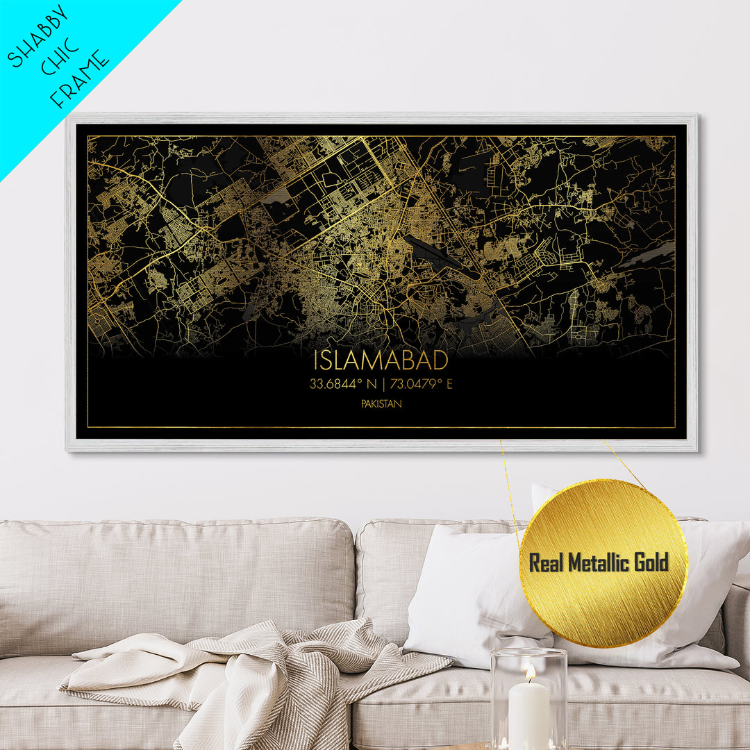 Islamabad Pakistan City street map, Metallic Gold Print, Metal Art, wood framed map, black and gold, Street Map Art, Best Friend Gifts
