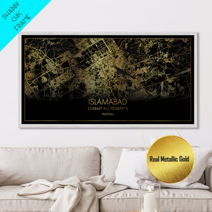 Islamabad Pakistan City street map, Metallic Gold Print, Metal Art, wood framed map, black and gold, Street Map Art, Best Friend Gifts