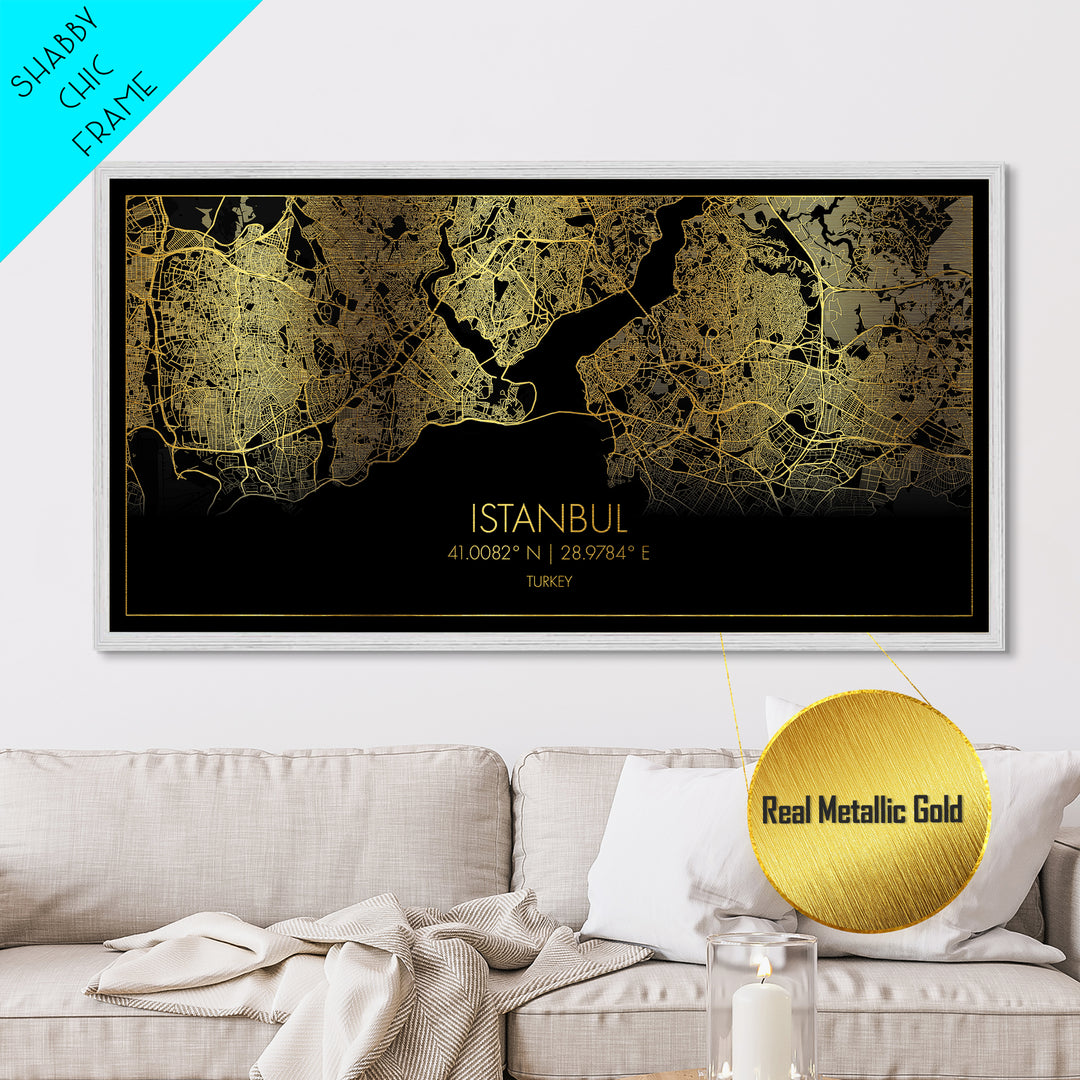 Istanbul Turkey City Poster, Metallic Gold Art, Metal Art, real wood frames, black and gold, Street Map Wall Art, Housewarming Gift