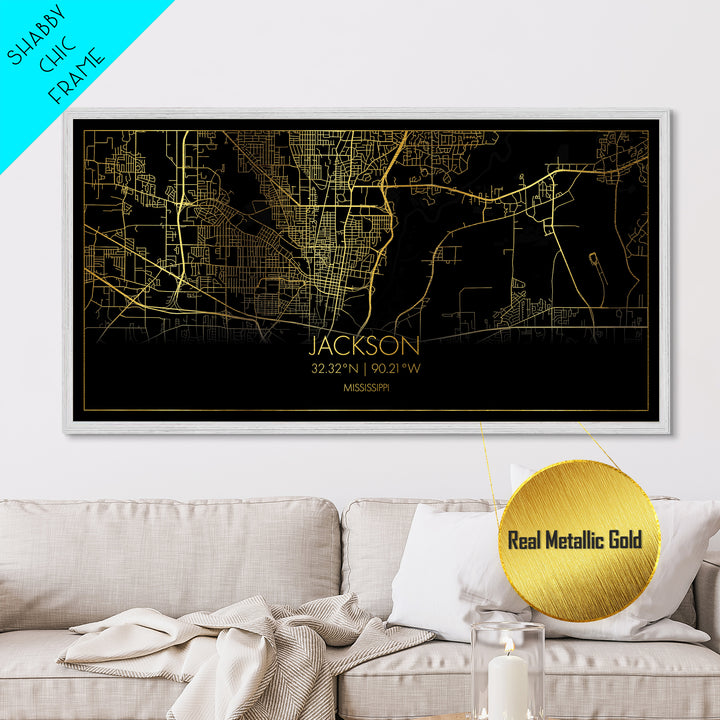 Jackson Mississippi City street map, Metallic Gold Print, Metal Art, wood framed map, black and gold, Street Map Art, Map Art