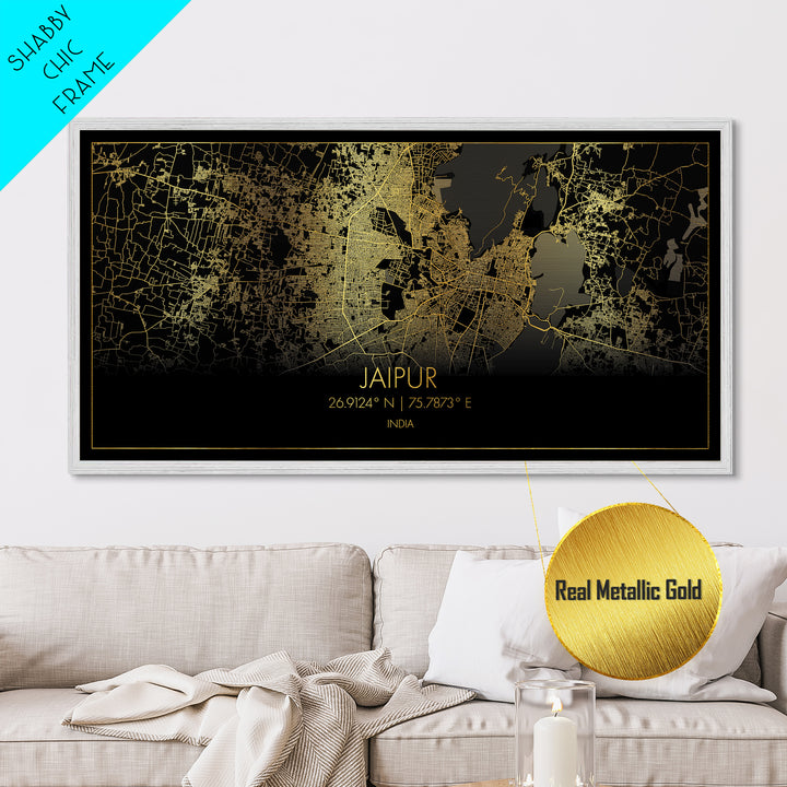 Jaipur India City street map, Metallic Gold Print, Metal Art, wood framed map, black and gold, Street Map Art, Gold Street Map Art