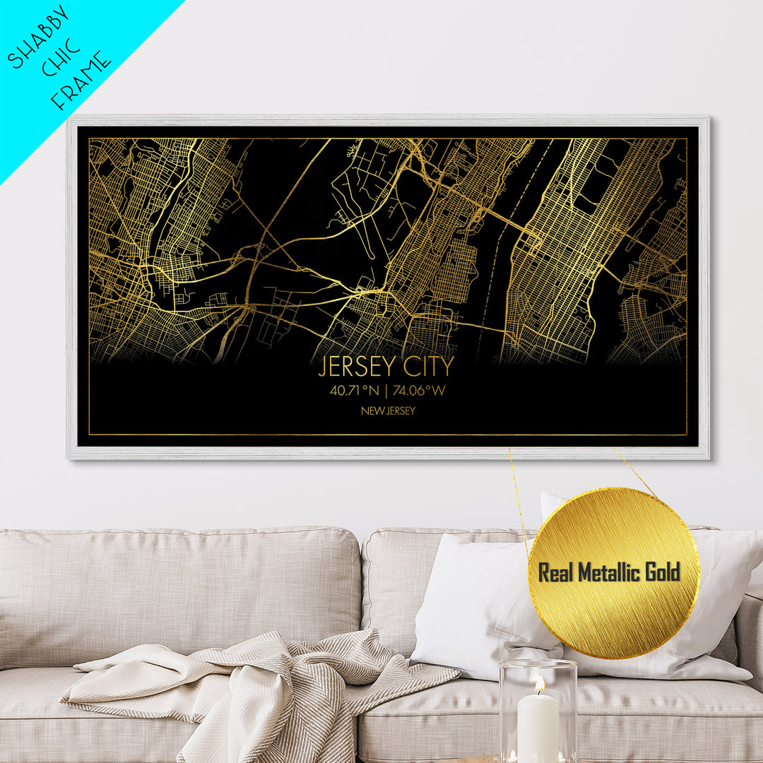 Jersey City New Jersey City Poster, Metallic Gold Art, Metal Art, real wood frames, black and gold, Street Map Wall Art, College Dorm Décor