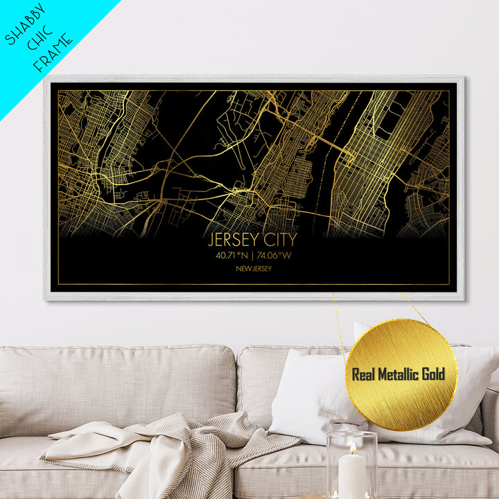 Jersey City New Jersey City Poster, Metallic Gold Art, Metal Art, real wood frames, black and gold, Street Map Wall Art, College Dorm Décor