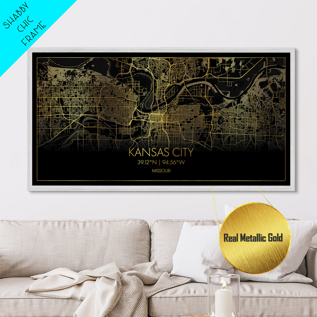 Kansas City Missouri City street map, Metallic Gold Print, Metal Art, wood framed map, black and gold, Street Map Art, Minimalist Wall Art