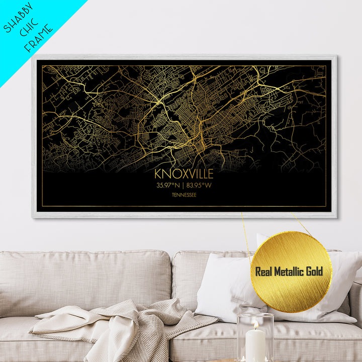 Knoxville Tennessee City Poster, Metallic Gold Art, Metal Art, real wood frames, black and gold, Street Map Wall Art, Best Friend Gifts