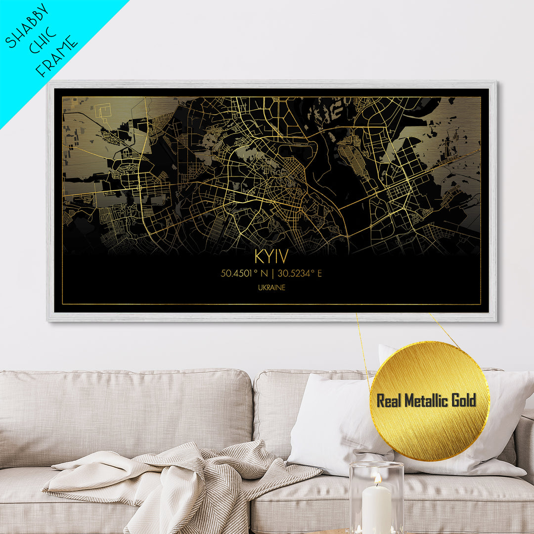 Kyiv Ukraine City street map, Metallic Gold Print, Metal Art, wood framed map, black and gold, Street Map Wall Art, Travel Poster