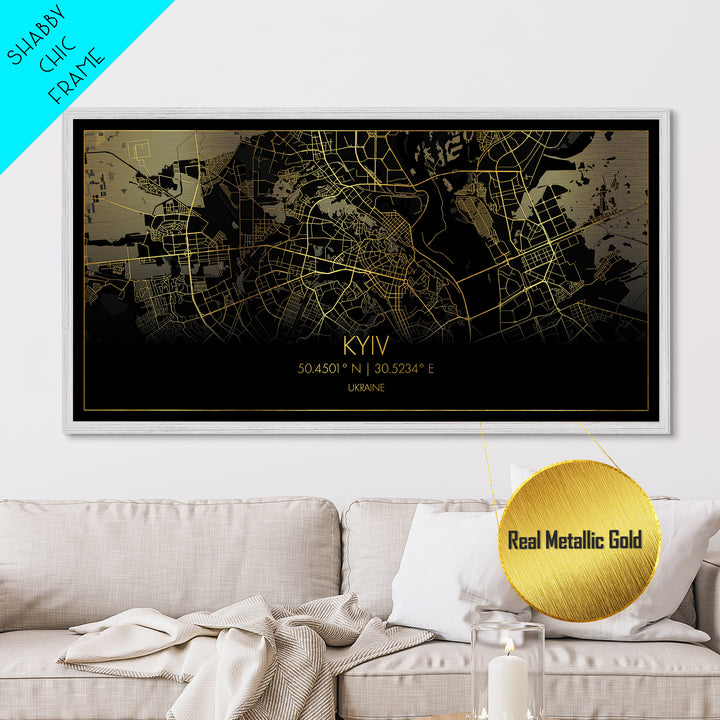Kyiv Ukraine City street map, Metallic Gold Print, Metal Art, wood framed map, black and gold, Street Map Wall Art, Travel Poster