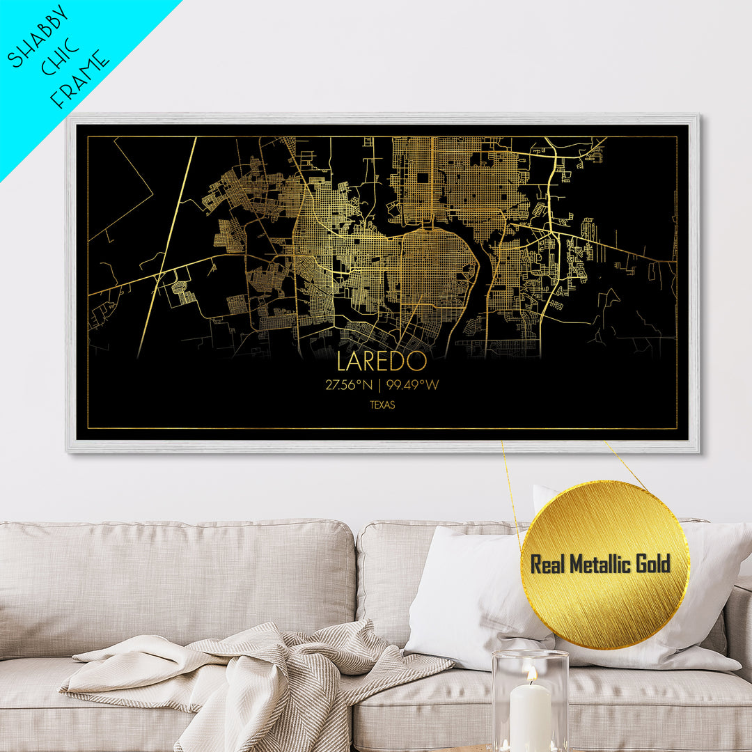 Laredo Texas City Poster, Metallic Gold Art, Metal Art, real wood frames, black and gold, Street Map Art, Modern House Art