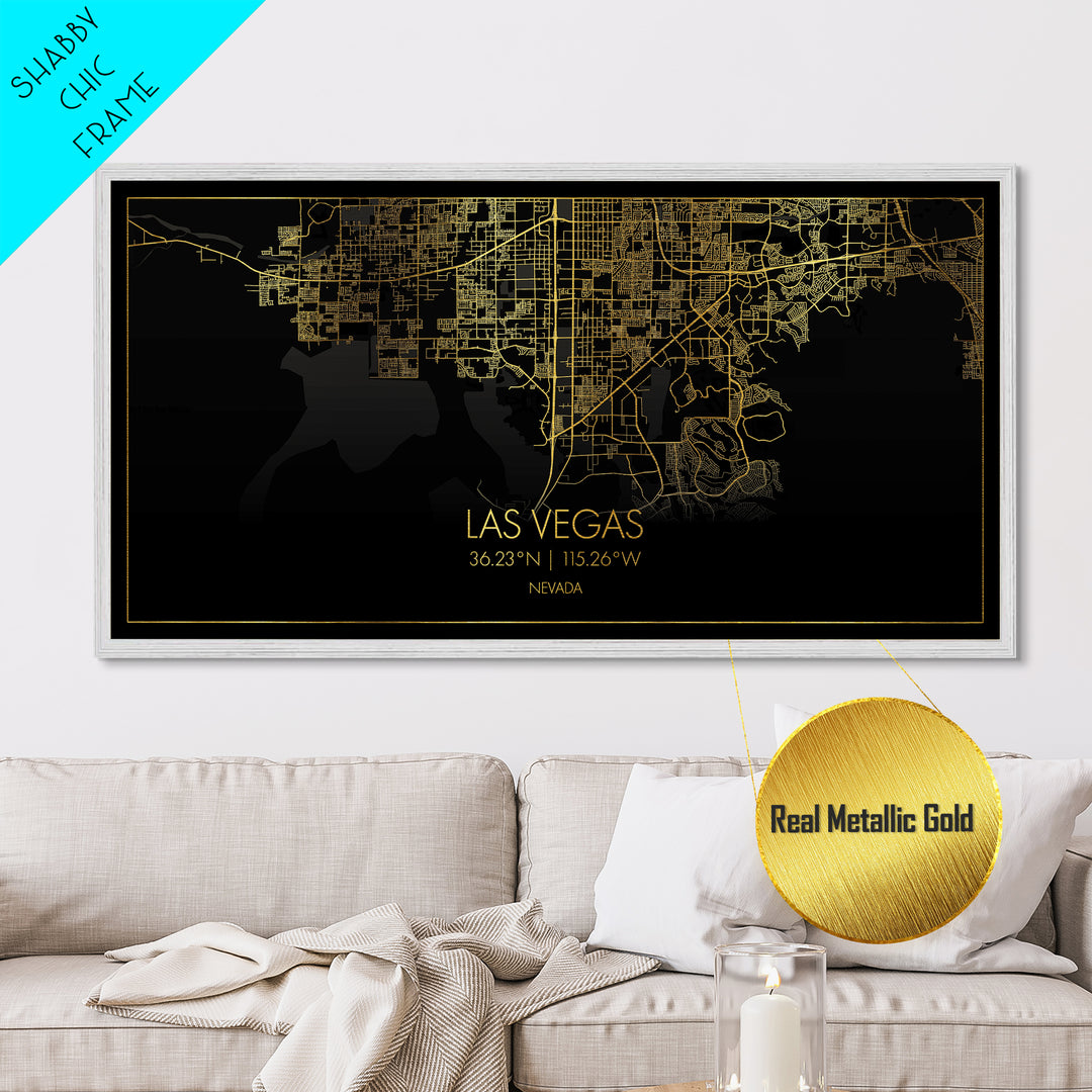 Las Vegas Nevada City street map, Metallic Gold Print, Metal Art, wood framed map, black and gold, Gold Street Map Art, Office Decor