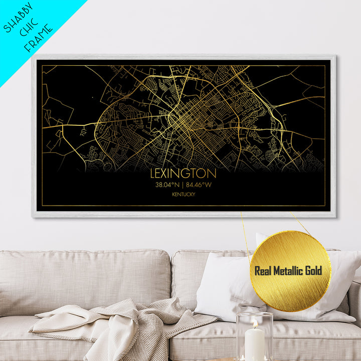 Lexington Kentucky City Poster, Metallic Gold Art, Metal Art, real wood frames, black and gold, Street Map Wall Art, Housewarming Gift
