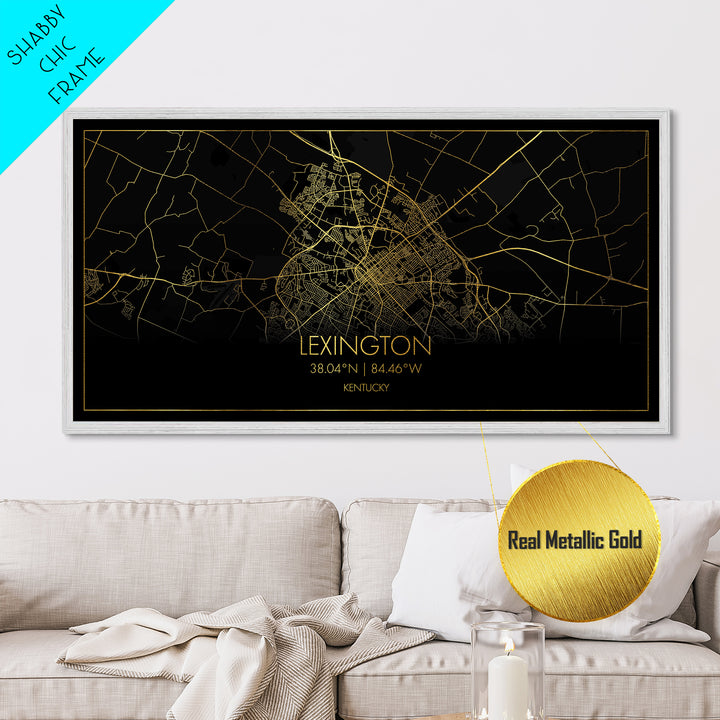 Lexington Kentucky City street map, Metallic Gold Print, Metal Art, wood framed map, black and gold, Minimalist Wall Art, Travel Poster