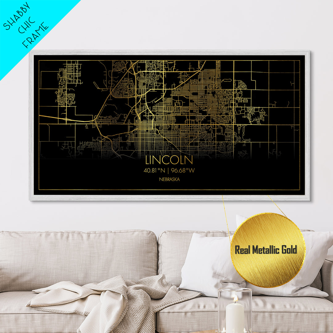 Lincoln Nebraska City Poster, Metallic Gold Art, Metal Art, real wood frames, black and gold, Street Map Art, Best Friend Gifts