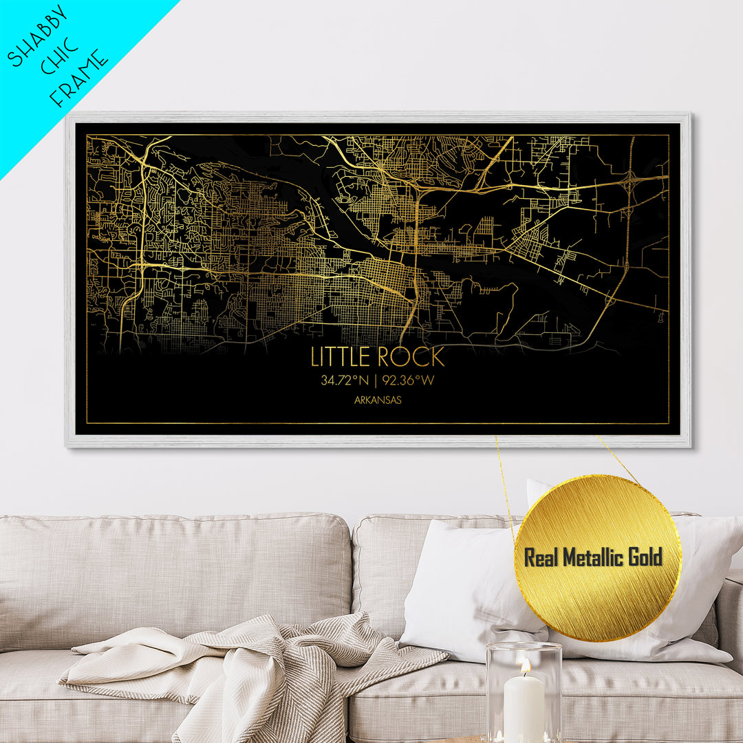 Little Rock Arkansas City Poster, Metallic Gold Art, Metal Art, real wood frames, black and gold, Street Map Art, Office Decor