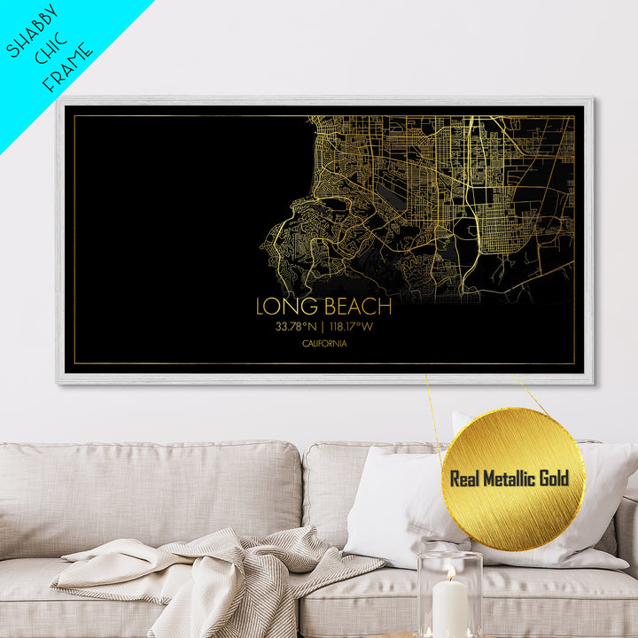 Long Beach California City Poster, Metallic Gold Art, Metal Art, real wood frames, black and gold, Gold Street Map Art, Minimalist Wall Art