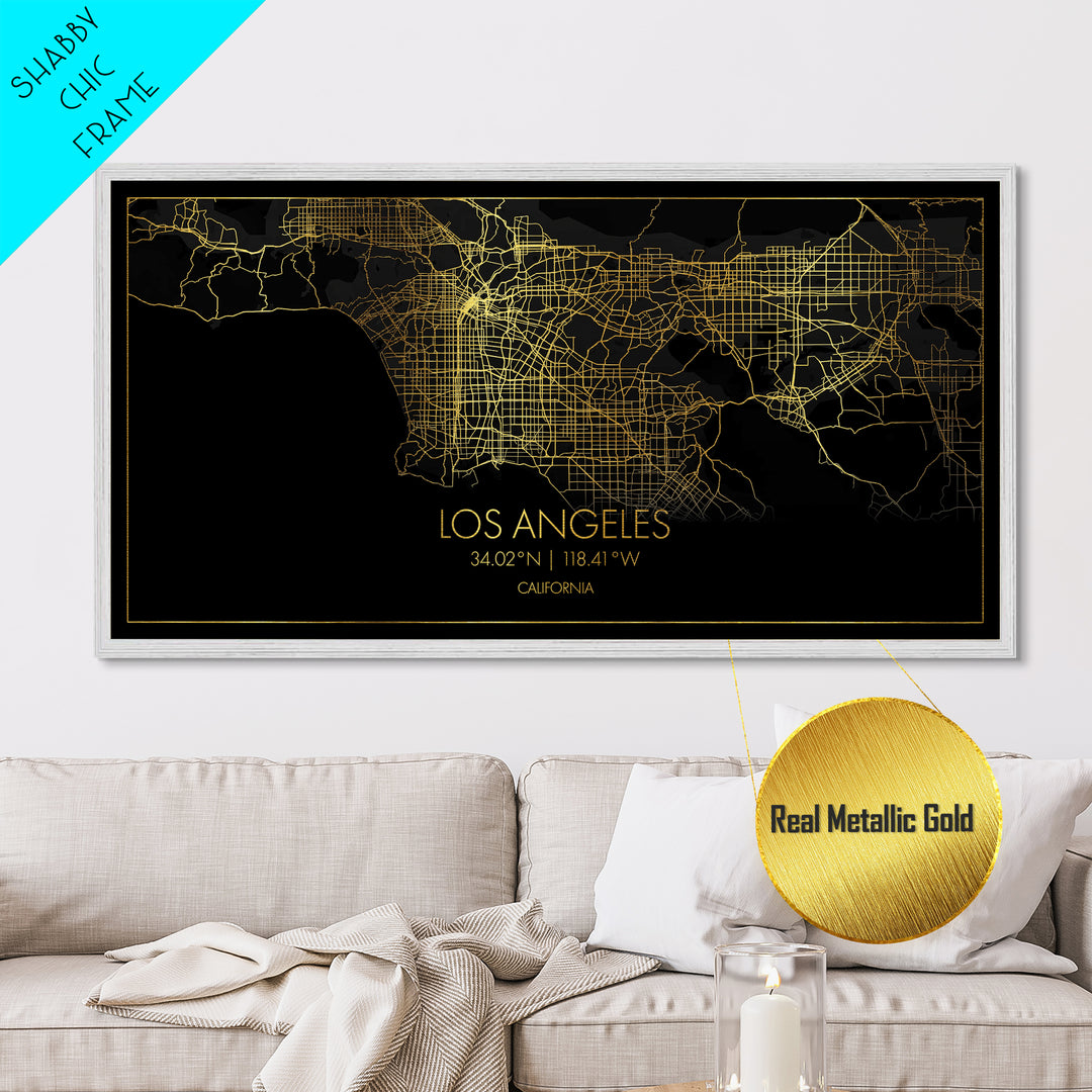 Los Angeles California City street map, Metallic Gold Print, Metal Art, wood framed map, black and gold, Street Map Art, Travel Poster