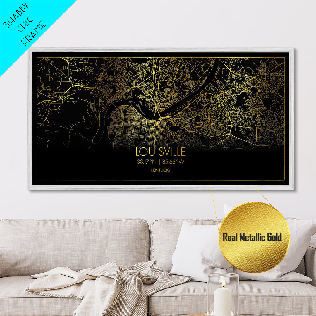 Louisville Kentucky City Poster, Metallic Gold Art, Metal Art, real wood frames, black and gold, Street Map Wall Art, Map Art