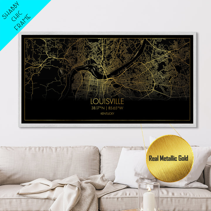 Louisville Kentucky City Poster, Metallic Gold Art, Metal Art, real wood frames, black and gold, Street Map Wall Art, Map Art