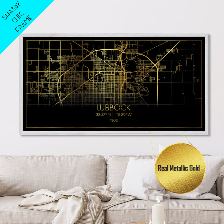 Lubbock Texas City street map, Metallic Gold Print, Metal Art, wood framed map, black and gold, Street Map Art, Best Friend Gifts