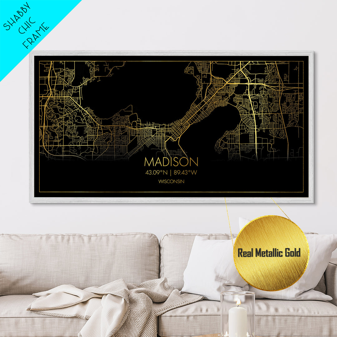 Madison Wisconsin City Poster, Metallic Gold Art, Metal Art, real wood frames, black and gold, Travel Poster, Minimalist Wall Art